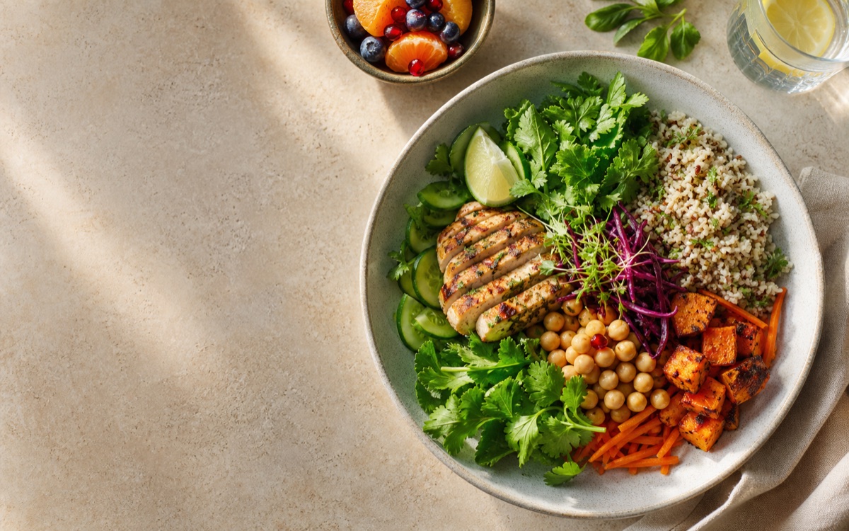 A colorful balanced bowl with chicken, grains, chickpeas and vegetables